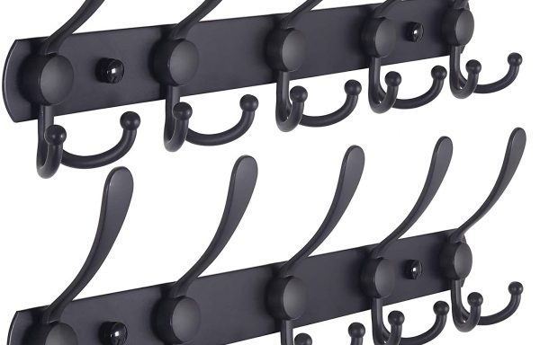Dseap Coat Rack Wall Mounted – 5 Tri Hooks, Heavy Duty, Stainless Steel, Metal Coat Hook Rail for Coat Hat Towel Purse Robes Mudroom Bathroom Entryway (Black, 2 Packs)