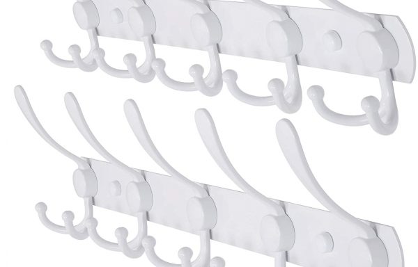 Dseap Wall Mounted Coat Rack – 5 Tri Hooks, Heavy Duty, Stainless Steel, Metal Coat Hook Rail for Coat Hat Towel Purse Robes Mudroom Bathroom Entryway (White, 2 Packs)