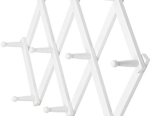 Dseap Accordian Wall Hanger: 16” High Wooden Wall Expandable Coat Rack, Hat Rack Holder, Accordion Hook for Baseball Caps, Coats, Mugs, 10 Peg Hooks, White
