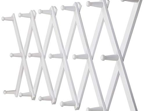Dseap Accordian Wall Hanger: 16” High Wooden Wall Expandable Coat Rack, Hat Rack Holder, Accordion Hook for Baseball Caps, Coats, Mugs, 17 Peg Hooks, White