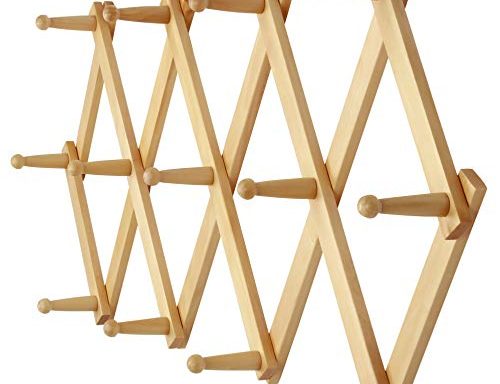 Dseap Accordian Wall Hanger: 16” High Wooden Wall Expandable Coat Rack, Hat Rack Holder, Accordion Hook for Baseball Caps, Coats, Mugs, 13 Peg Hooks, Natural