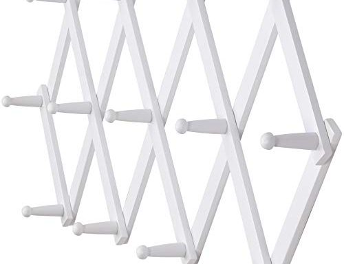 Dseap Accordian Wall Hanger: 16” High Wooden Wall Expandable Coat Rack, Hat Rack Holder, Accordion Hook for Baseball Caps, Coats, Mugs, 13 Peg Hooks, White