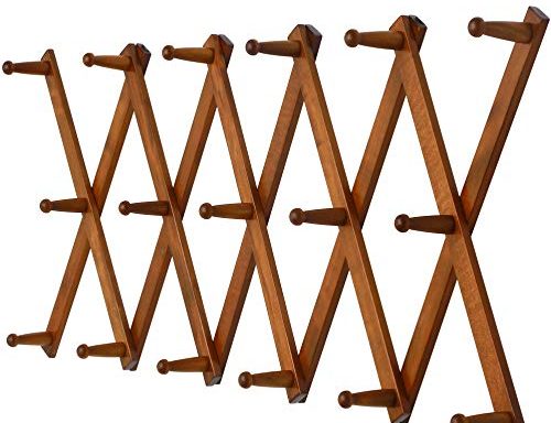 Dseap Accordian Wall Hanger: 16” High Wooden Wall Expandable Coat Rack, Hat Rack Holder, Accordion Hook for Baseball Caps, Coats, Mugs, 17 Peg Hooks, Brown